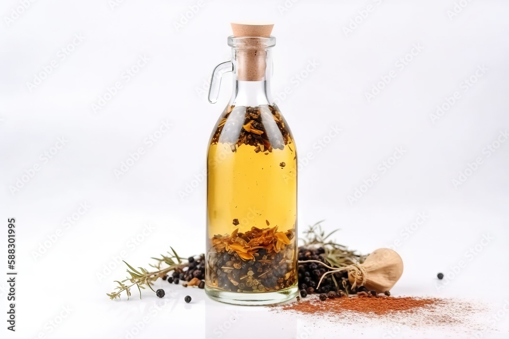 a bottle filled with spices next to a pile of peppercorst and a wooden scoop of peppercorst on a white surface with a wooden spoon. generative ai a bottle filled with spices next to a pile of peppercorst and a wooden scoop of peppercorst on a white surface with a wooden spoon. generative ai