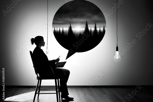 A person thinking of woods, writing story, cg illustration, collage