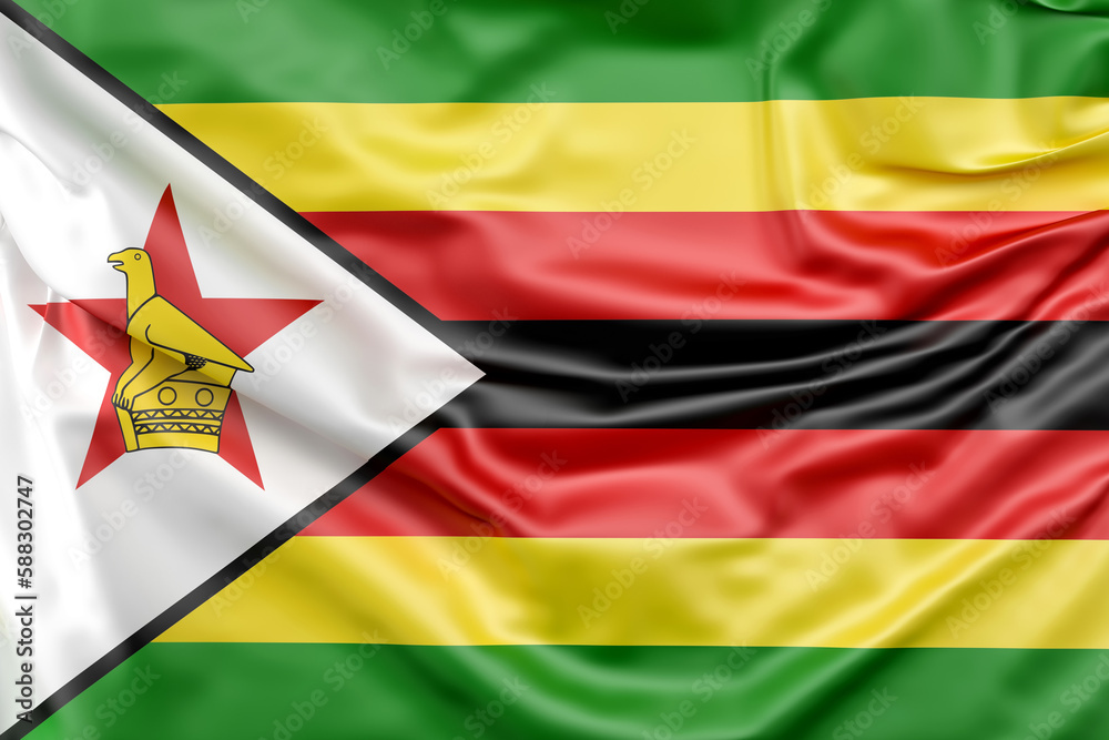 Ruffled Flag of Zimbabwe. 3D Rendering - obrazy, fototapety, plakaty 