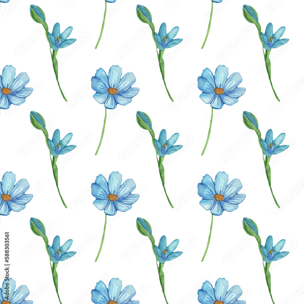 Fototapeta premium Floral pattern with blue flowers on a white background, hand painted in watercolor.