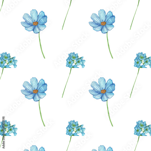 Floral pattern with blue flowers on a white background, hand painted in watercolor. © Makarova Art