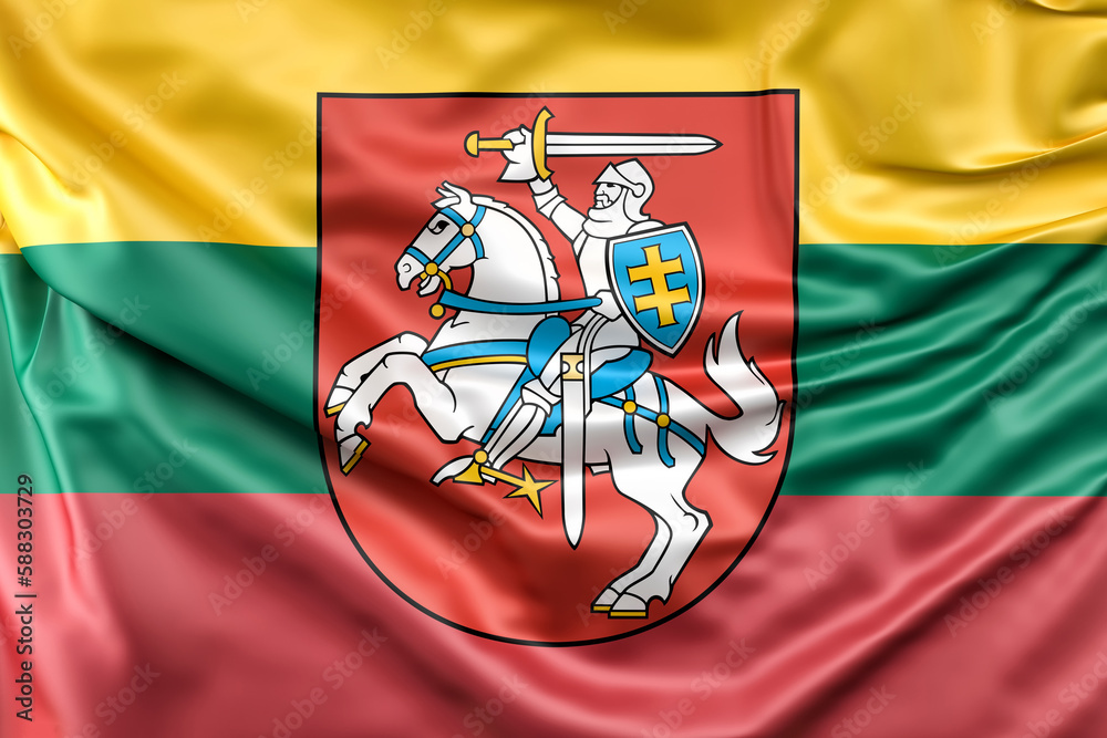 Obraz premium Ruffled Flag of Lithuania with Coat of Arms. 3D Rendering