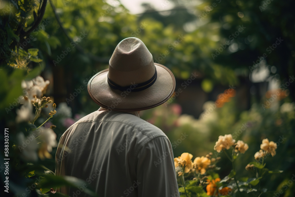 Gardening, floriculture concept. Rear view of gardener in straw hat in garden outdoors, close-up. Generative AI