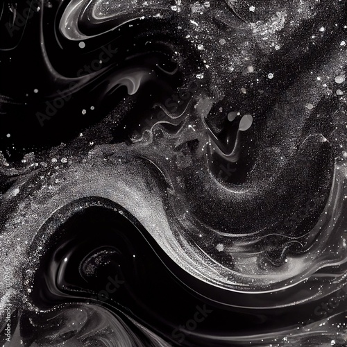 Black and silver liquid ink churning with glitter mixed together, curl wave background, created with generative ai