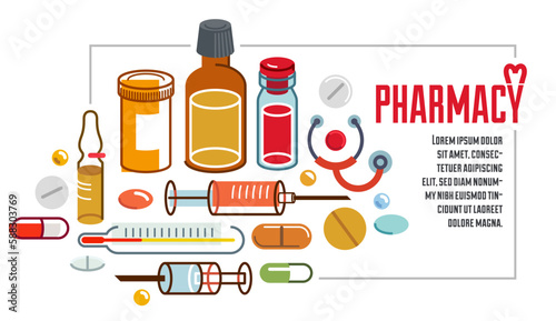 Pharmacy apothecary drugstore flyer, big composition set of medicaments vector flat illustration isolated, advertising banner health care and healing medical theme design.
