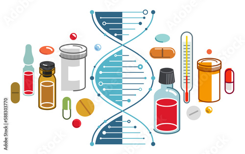 DNA strand based medical theme composition with lots of different drugs and meds vector illustration isolated, drugstore or medical biotechnology scientific research.