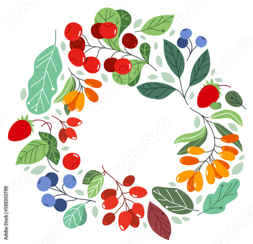 Wild berries fresh and ripe tasty healthy food vector flat style round wreath frame isolated over white, circle shape border delicious vegetation diet eating, nature gifts.