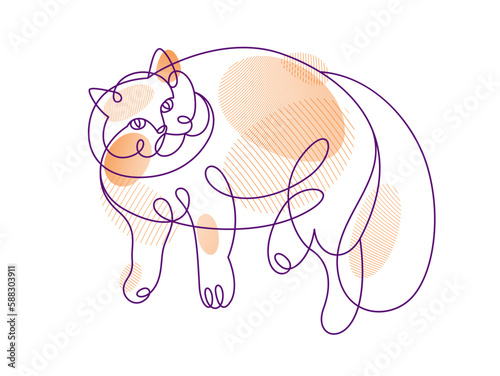 Fat and lazy cat line art vector illustration, linear drawing of pussycat relaxing, minimal outline sketch of cute domestic pet.
