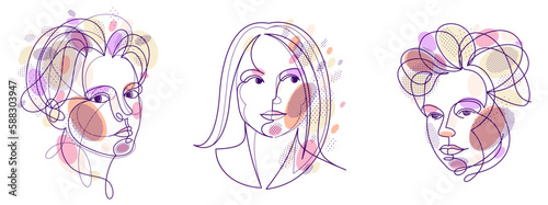 Woman beauty face vector linear illustrations set, delicate line art of attractive girl portraits collection, abstract feminine drawings minimal style isolated.