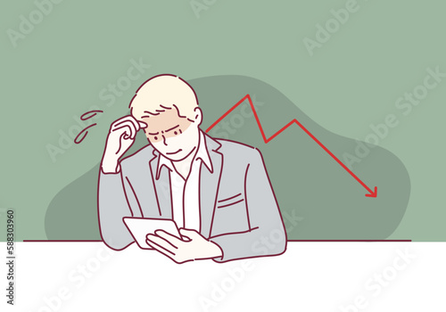 Business hand hold tablet with disappointed down financial graph. Hand drawn style vector design illustrations.
