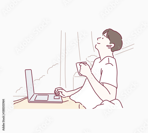 Young man in casual clothing working at home with laptop computer on a sofa in a cozy living room with windows. Hand drawn style vector design illustrations.“