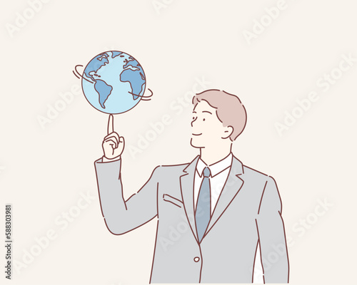 Businessman holding the earth in his hand . Hand drawn style vector design illustrations.