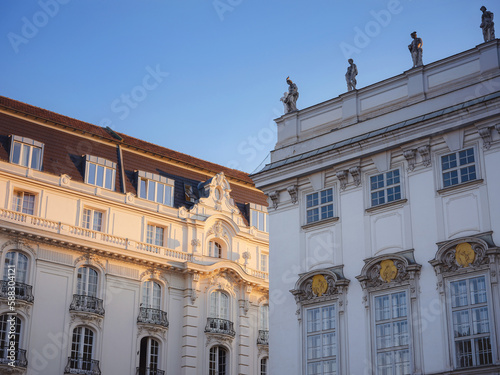 Cityscape views old city of one of Europe's most beautiful town- Vienna. Summer Travel to capital of Austria. details of the facades of beautiful old houses photo
