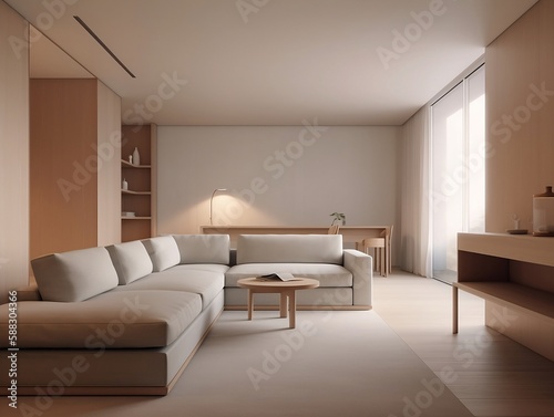 Interior design of modern apartment  living room with sofa and coffee tables 3d rendering  John Pawson style. Created using generative AI.