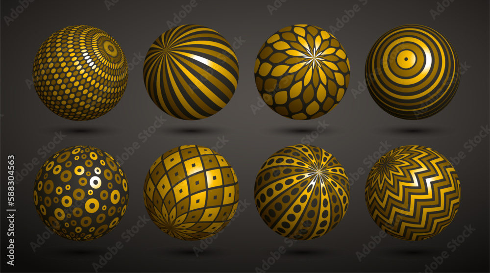 Realistic golden decorated spheres vector illustrations set, abstract beautiful balls with patterns, 3D globes design concept collection.