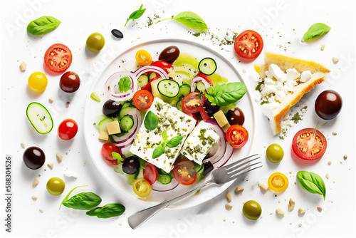 Greek salad on a white background. Healthy food, top view. Illustration, Generated AI