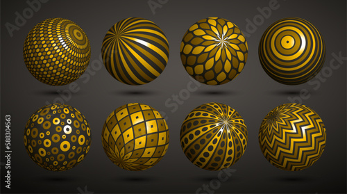 Realistic golden decorated spheres vector illustrations set, abstract beautiful balls with patterns, 3D globes design concept collection.