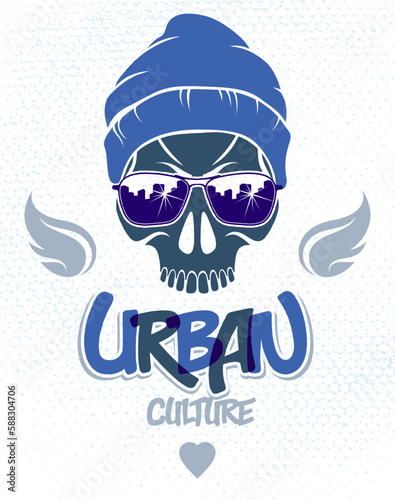Urban culture style skull in sunglasses vector logo or emblem, gangster or thug illustration, anarchy chaos hooligan, ghetto theme.