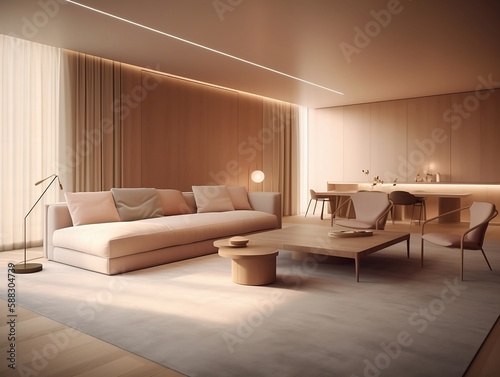 Interior design of modern apartment, living room with sofa and coffee tables 3d rendering, John Pawson style. Created using generative AI. photo