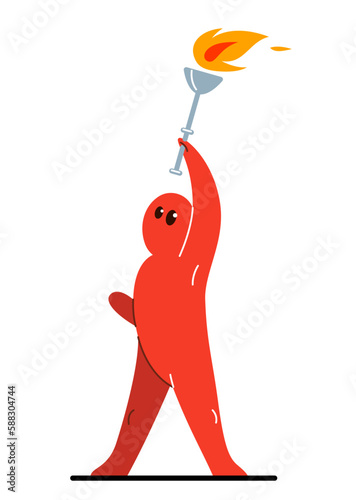 Funny cartoon man raising up hand with torch like a champion vector flat style illustration isolated on white, cute and positive small guy drawing or icon.
