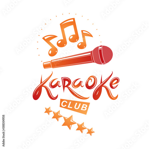 Stage microphone audio equipment composed with musical notes, can be used as vector emblem for karaoke club advertising and nightclub discotheque invitation poster.
