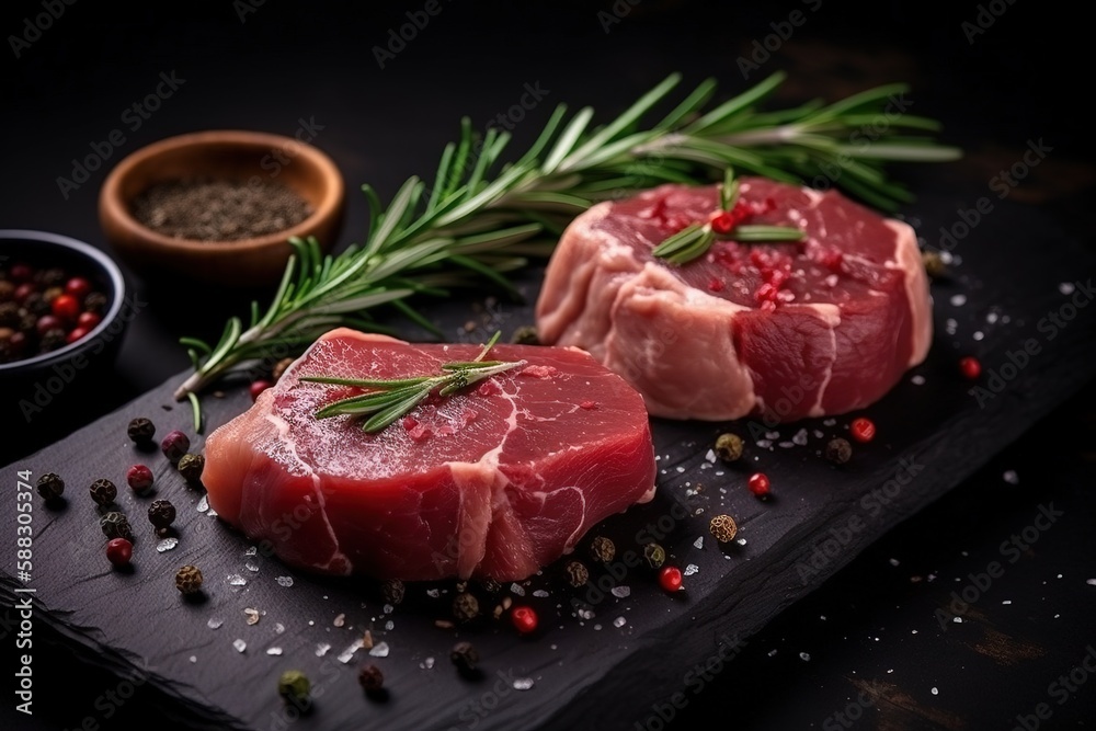 two pieces of raw meat on a cutting board with herbs and peppercorst on a black surface with a small bowl of seasoning nearby.  generative ai
