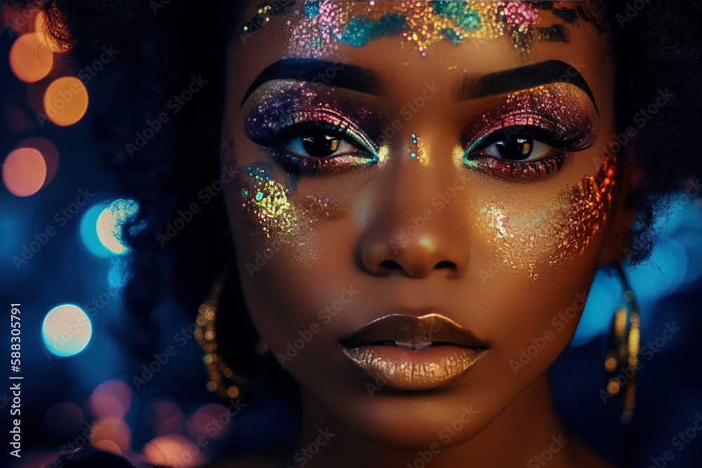 Creative art makeup. Close-up African American girl face with bright shimmery eyeshadow. Banner design for cosmetics and perfumery products, poster, card, invitation, web. digital ai art