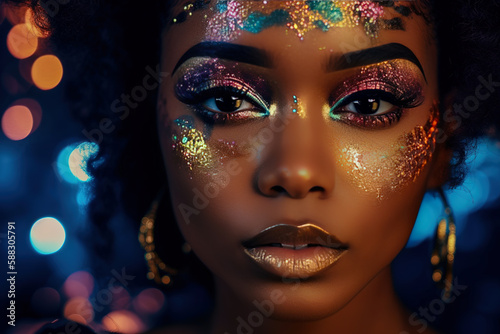 Creative art makeup. Close-up African American girl face with bright shimmery eyeshadow. Banner design for cosmetics and perfumery products, poster, card, invitation, web. digital ai art