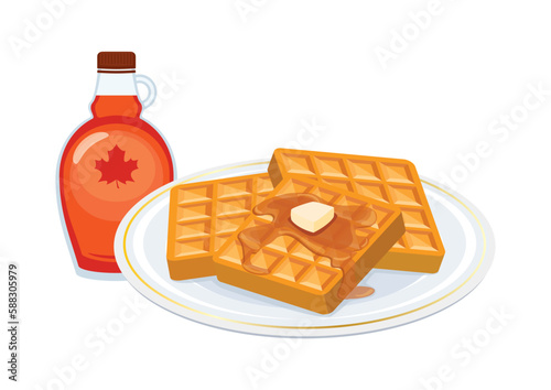 Waffles with maple syrup and butter vector illustration. Sweet waffles on a plate and bottle of maple syrup icon vector isolated on a white background