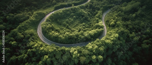 Bird's-eye view of the road in the middle of the forest.Aerial view. Panoramic shot. Generative AI