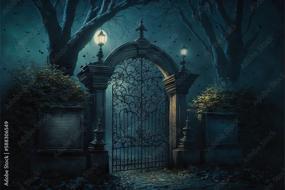Graveyard gate scary wallpaper, created with generative ai