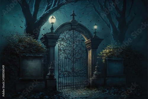 Graveyard gate scary wallpaper, created with generative ai