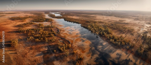 View of the river in the desert.Aerial view. Panoramic shot. Generative AI
