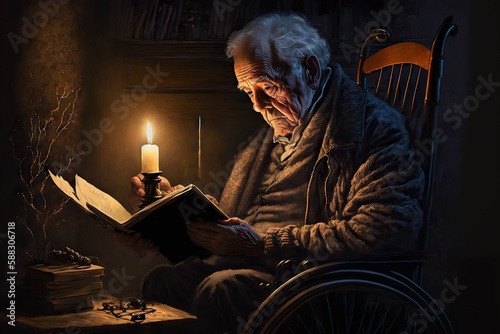 Grandfather is in a wheelchair reading a book under the dim light of a candle, created with generative ai