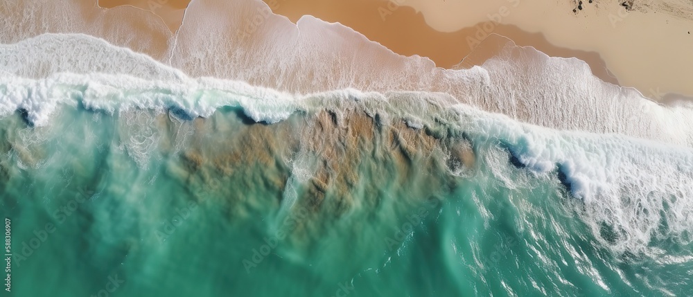 Top view of a beautiful tropical beach with sea waves.Aerial view. Panoramic shot. Generative AI