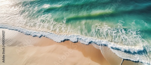 Top view of a beautiful tropical beach with sea waves.Aerial view. Panoramic shot. Generative AI