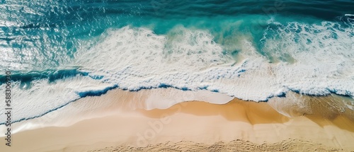 Top view of a beautiful tropical beach with sea waves.Aerial view. Panoramic shot. Generative AI