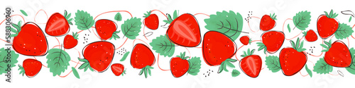 Hand drawn summer strawberry endless border for grocery, farmers market, tea, natural cosmetics, summer garden design, cards, wallpaper, banners, wrapping paper, holiday decorations, textiles and more