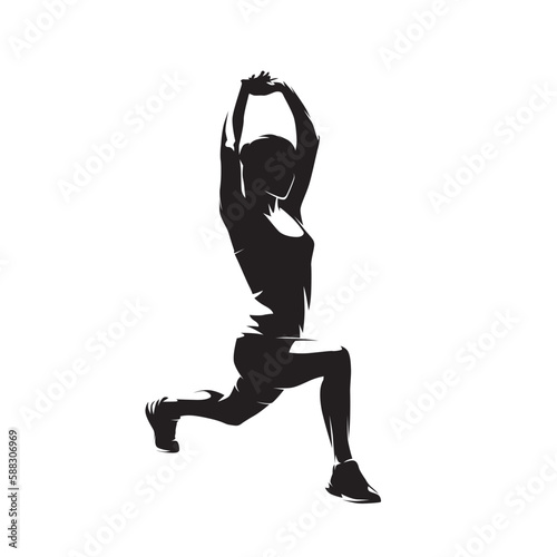 Woman stretches her thigh muscles after a workout. Regeneration after running, isolated vector silhouette