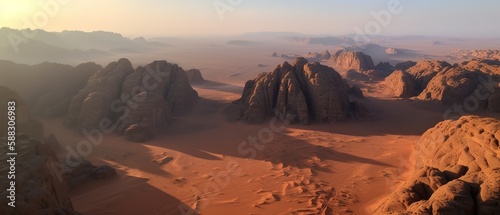 View from the height of the desert in sunny. Aerial view. Panoramic shot. Generative AI