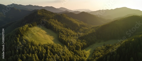 A view from a height of a mountain peak with green trees in the fog.Aerial view. Panoramic shot. Generative AI