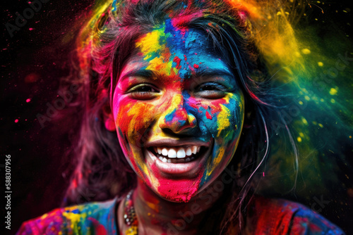 Laughing happy woman celebrating Holi holiday, folk festival of colors in Nepal and India. Symbolizes arrival of spring, the expulsion of evil and the rebirth of life. Generative AI