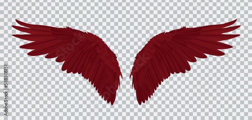 Pair of red realistic wings on transparent background vector illustration