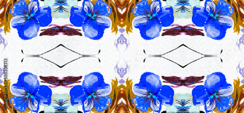 Watercolor with a blue flowers on a white background, seamless ornament.