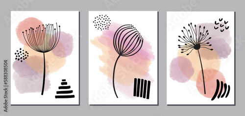 Set of watercolor shapes with dandelion flowers