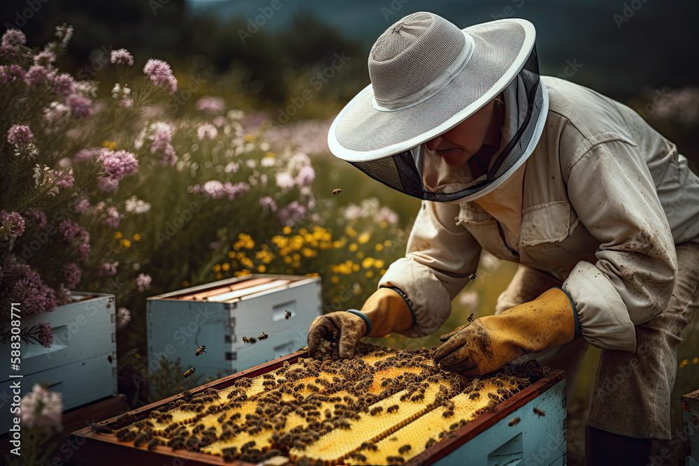 Generative AI Illustration of a beekeeper working in the field on the combs of a bee hive collecting honey Generative AI Illustration of a beekeeper working in the field on the combs of a bee hive collecting honey