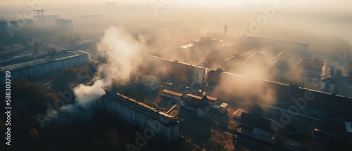 View from the height of the city in the fog.Aerial view. Panoramic shot. Generative AI