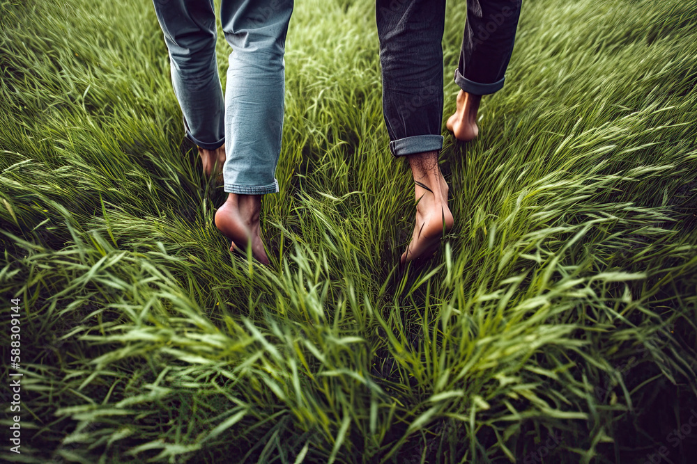 Generative AI Illustration of the feet of a couple walking barefoot on the fresh grass feeling the nature Generative AI Illustration of the feet of a couple walking barefoot on the fresh grass feeling the nature