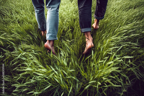 Generative AI Illustration of the feet of a couple walking barefoot on the fresh grass feeling the nature