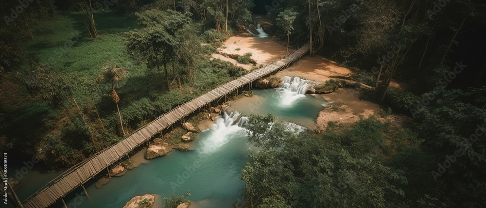 View from the height of the bridge over the river in the rainforest.Aerial view. Panoramic shot. Generative AI